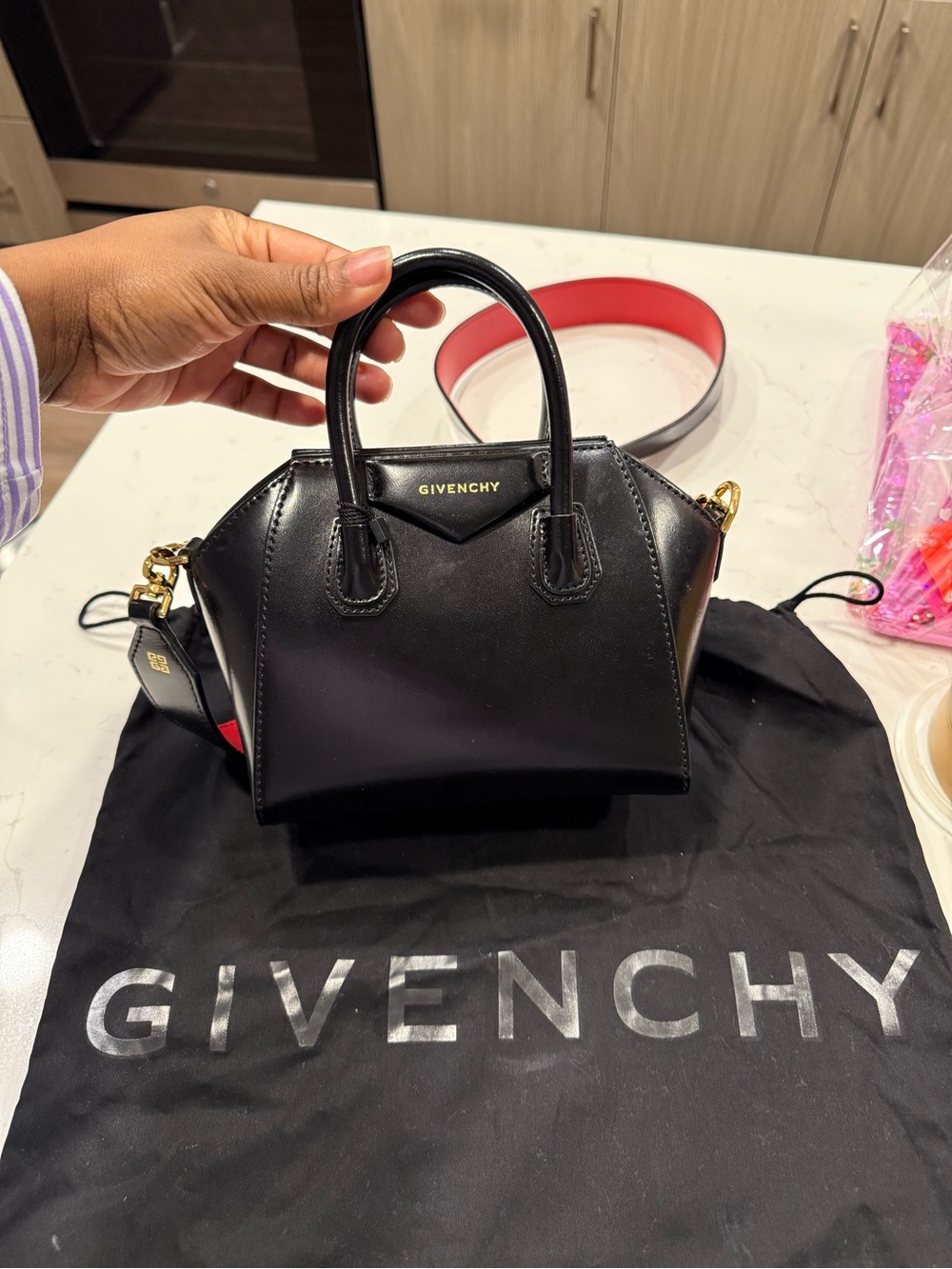 Givenchy Black Mini Antigona Top-Handle Satchel with Red Strap Accent